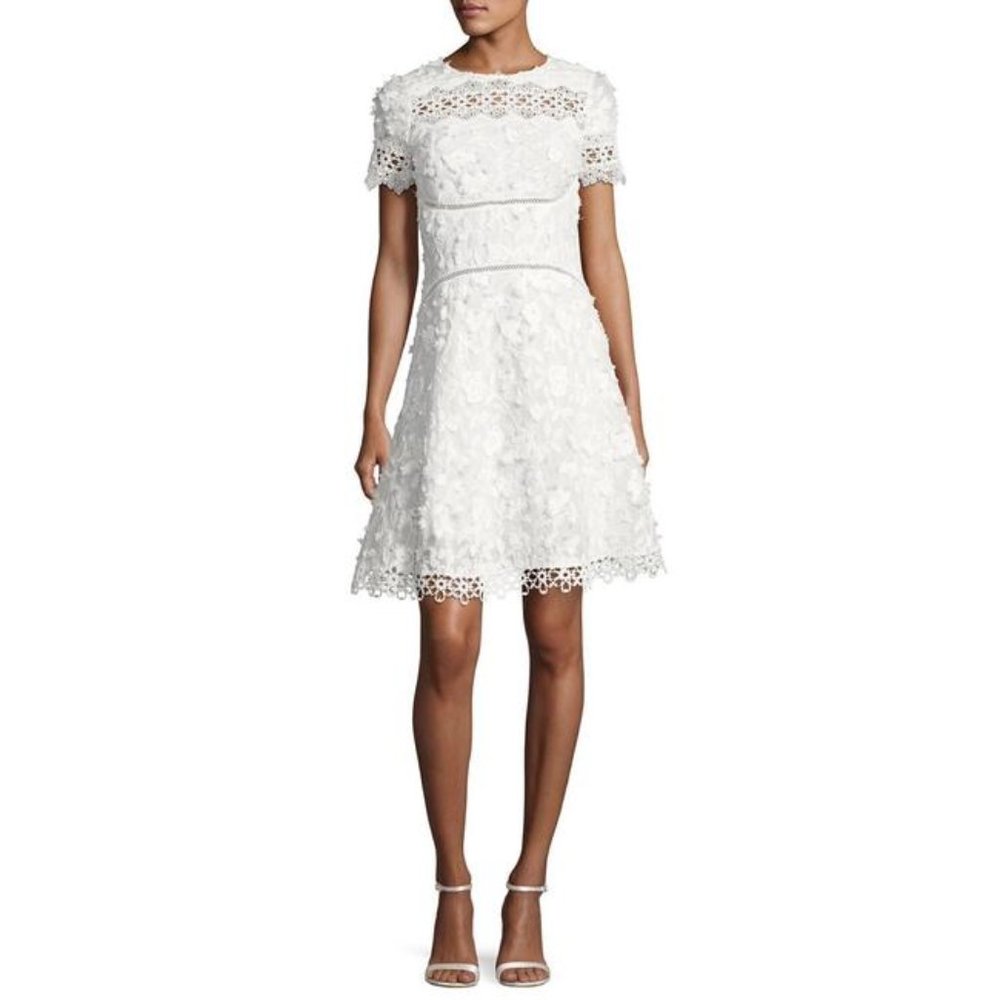 Elie Tahari Short-Sleeve Floral Applique & Lace Dress
